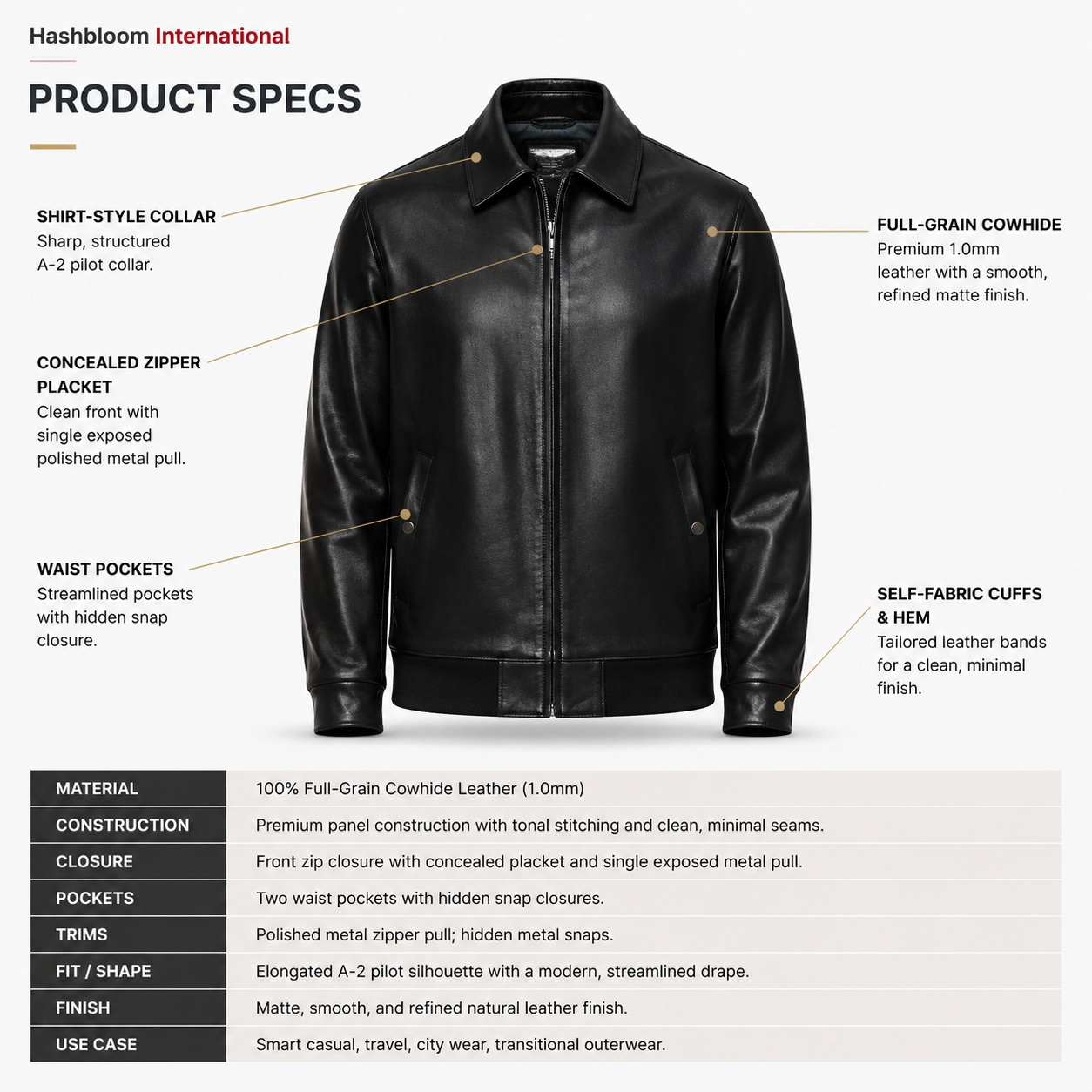 Men's Black Full-Grain Cowhide Shirt Collar Jacket manufacturing detail 5