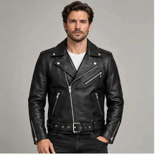Men's Black Full-Grain Double-Rider Leather Jacket - Custom Leather Manufacturer Sialkot Pakistan