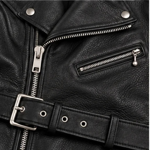 Men's Black Full-Grain Double-Rider Leather Jacket manufacturing detail 4