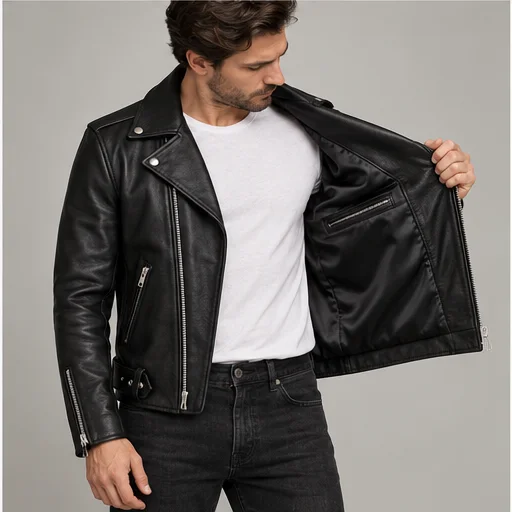Men's Black Full-Grain Double-Rider Leather Jacket manufacturing detail 5