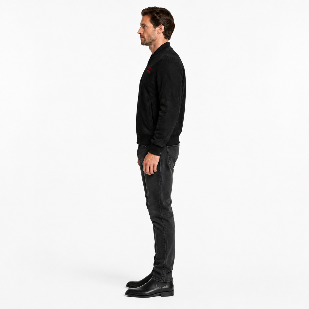 Men's Black Goat Suede Leather Bomber Jacket manufacturing detail 3
