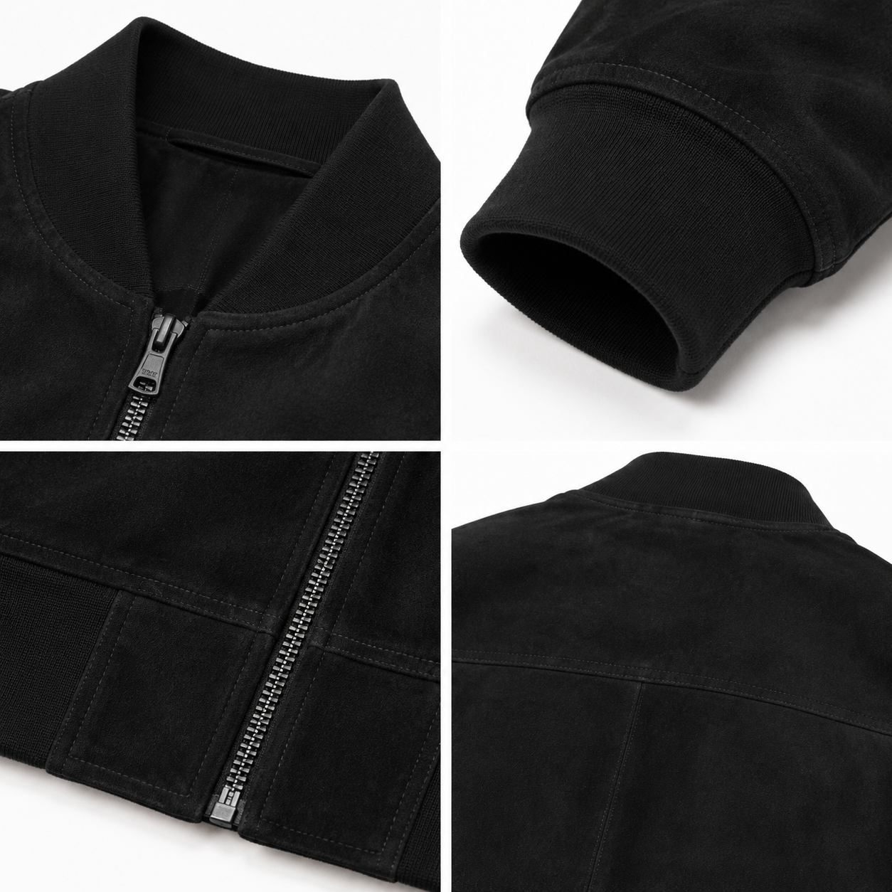 Men's Black Goat Suede Leather Bomber Jacket manufacturing detail 4