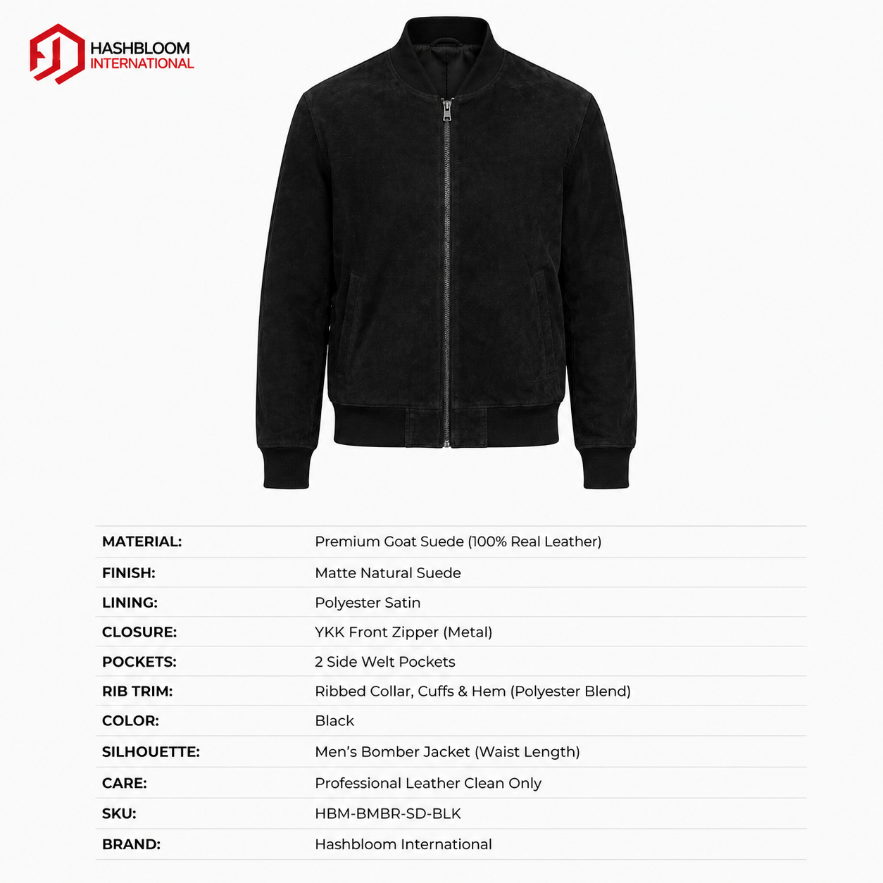 Men's Black Goat Suede Leather Bomber Jacket manufacturing detail 2