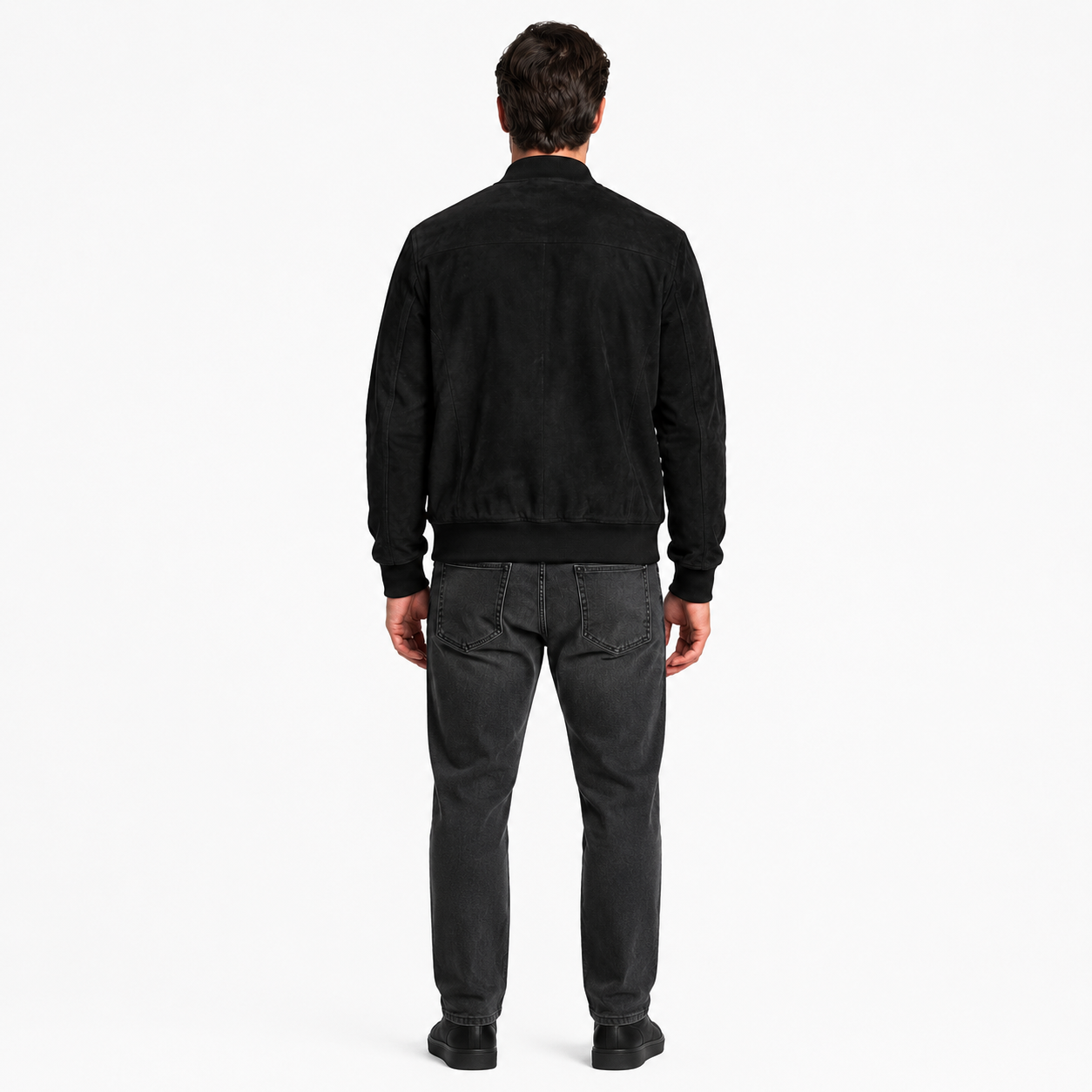 Men's Black Goat Suede Leather Bomber Jacket manufacturing detail 6