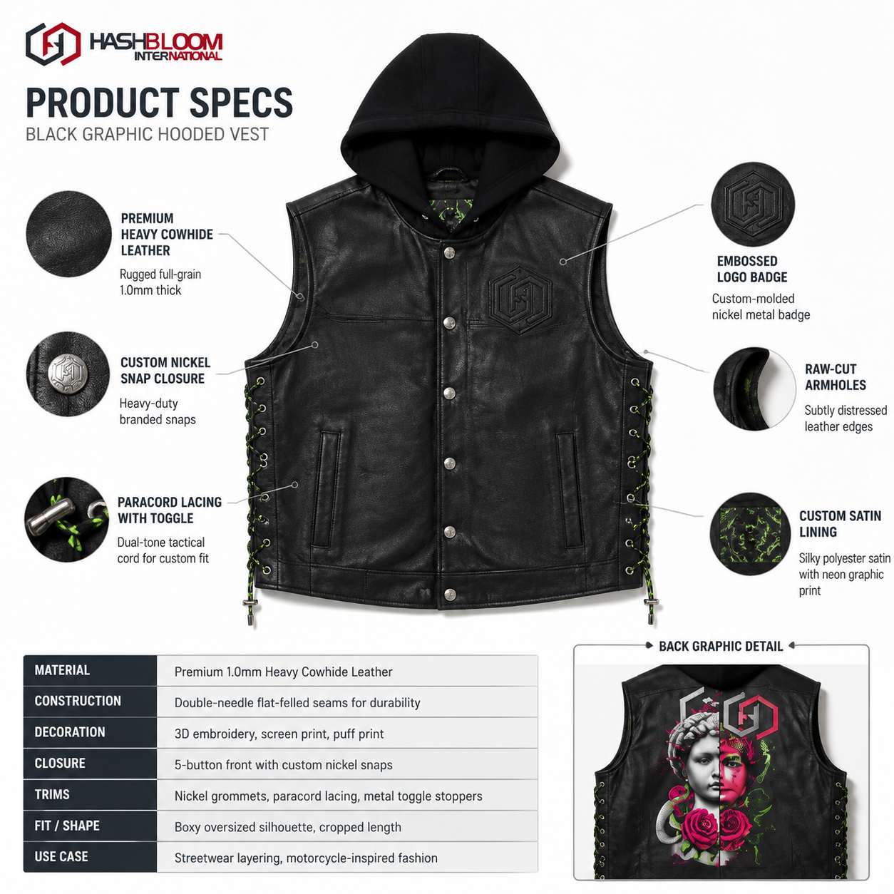 Men's Black Graphic Hooded Cowhide Leather Vest manufacturing detail 5