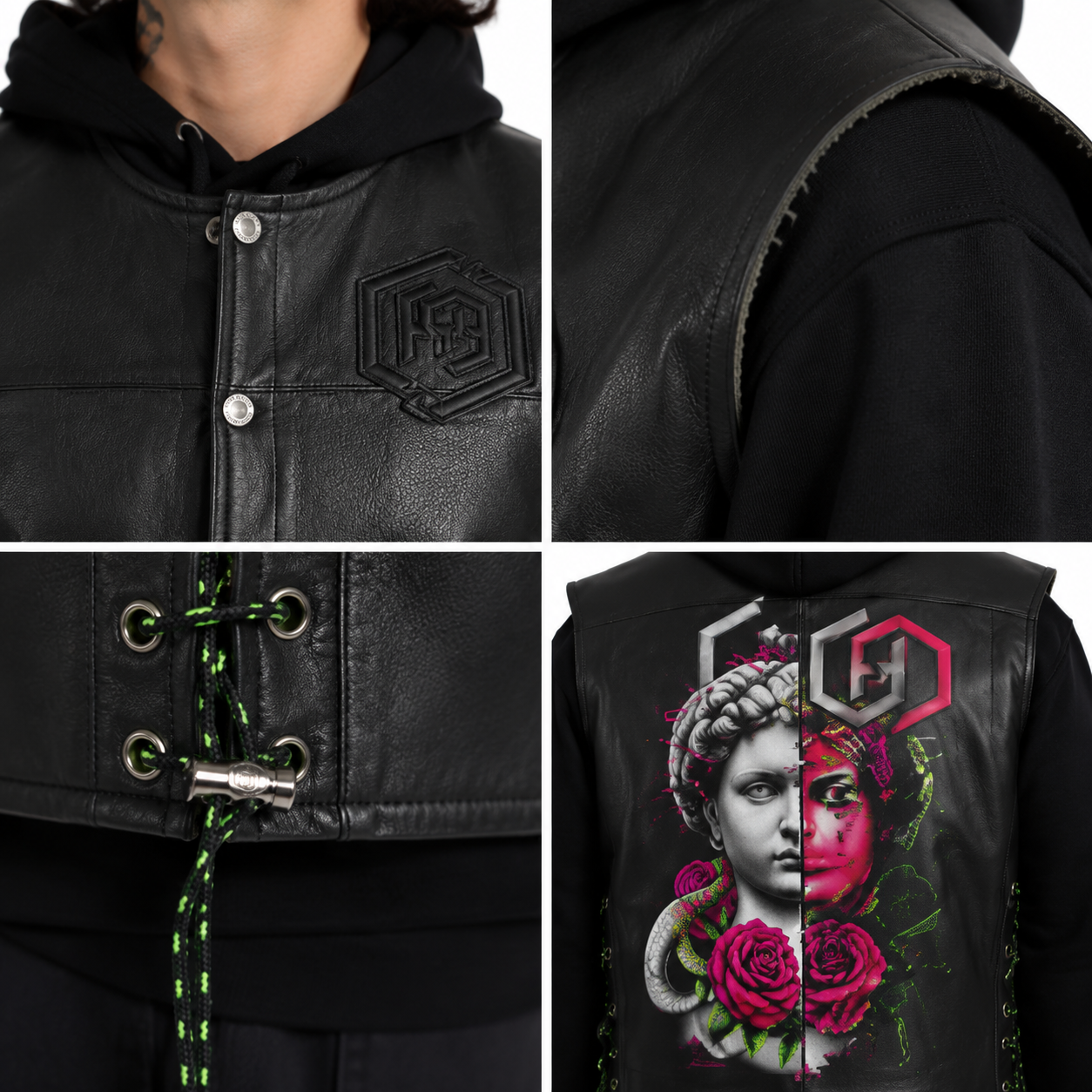 Men's Black Graphic Hooded Cowhide Leather Vest manufacturing detail 4