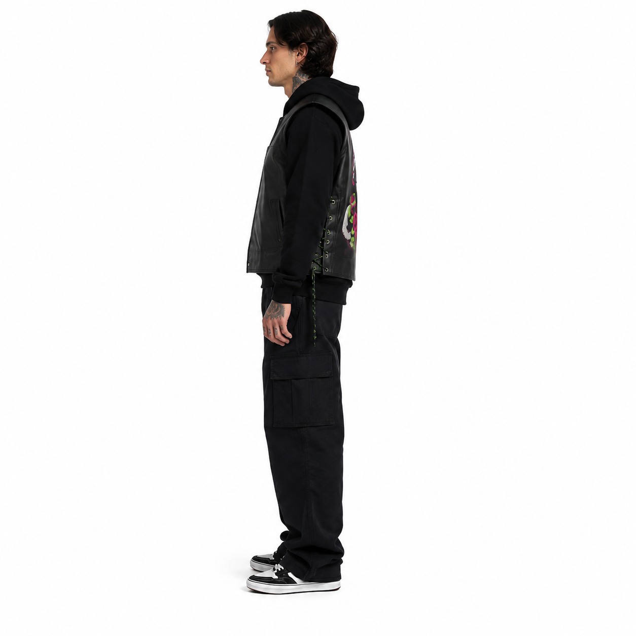 Men's Black Graphic Hooded Cowhide Leather Vest manufacturing detail 3