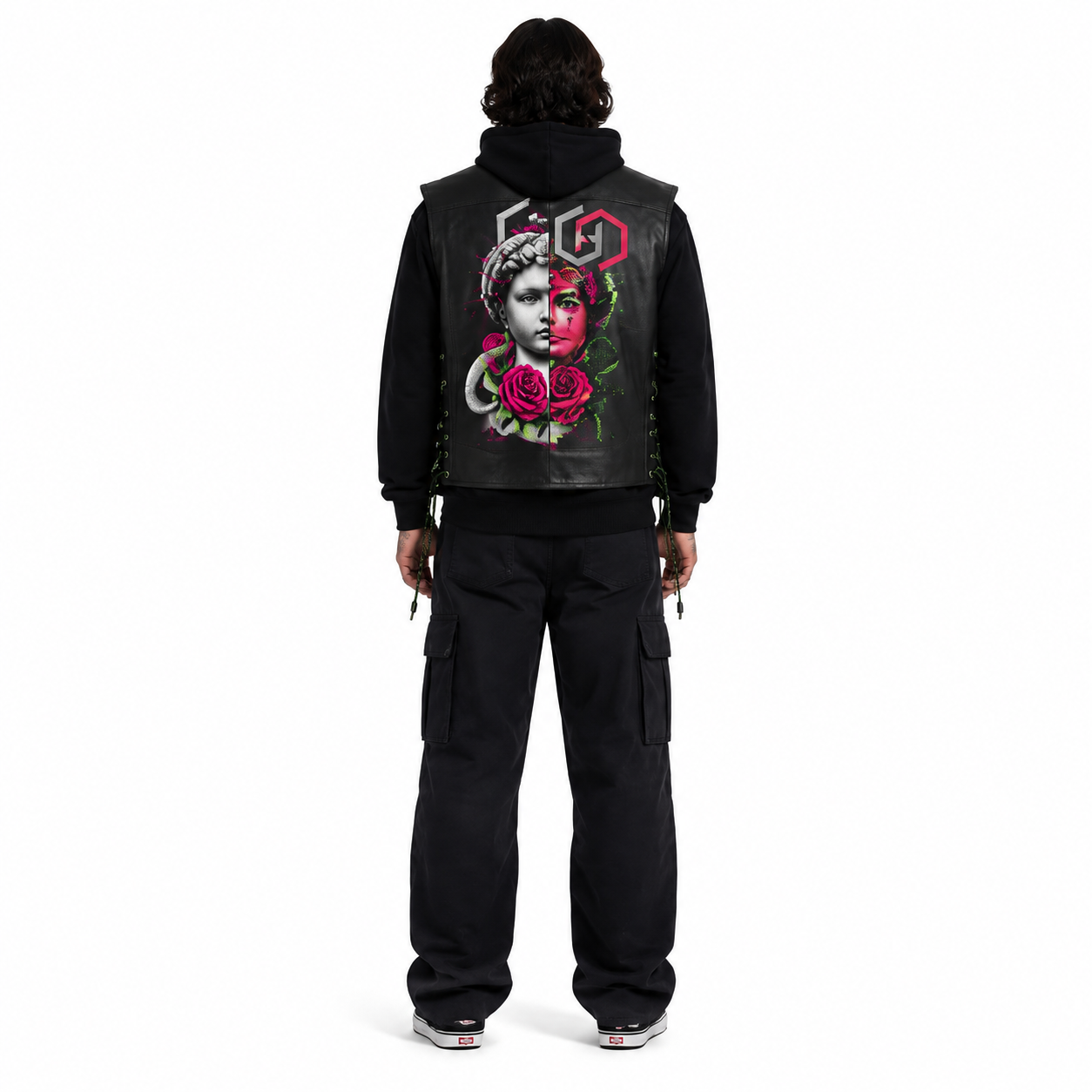 Men's Black Graphic Hooded Cowhide Leather Vest manufacturing detail 2
