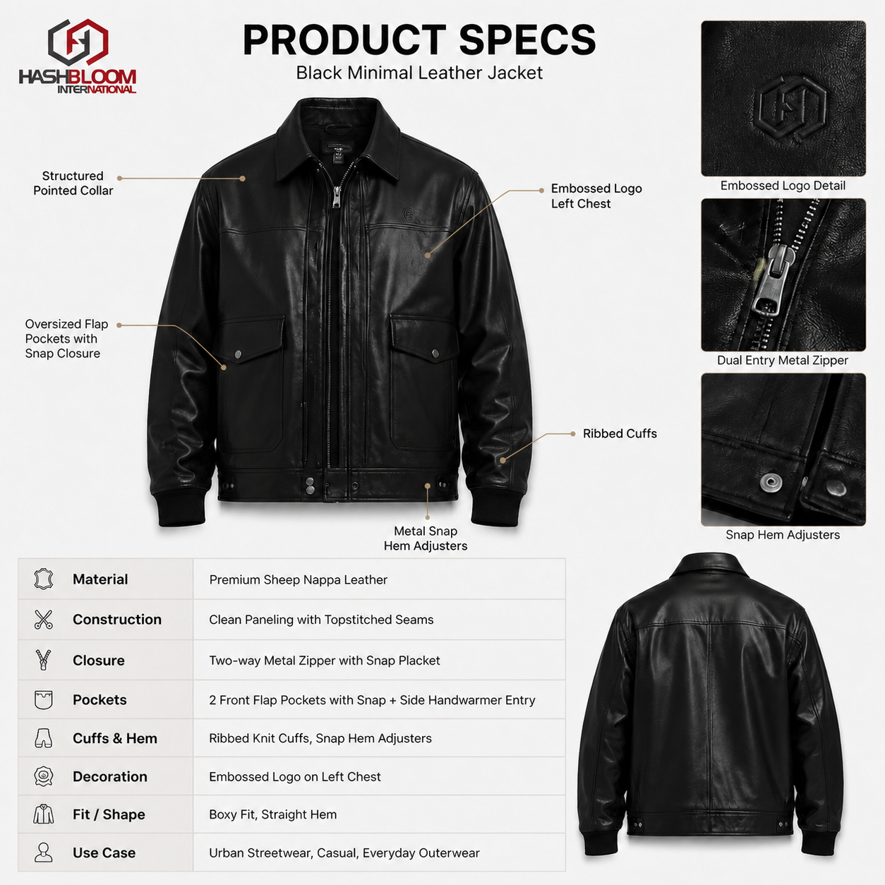 Men's Black Minimal Leather Jacket manufacturing detail 5