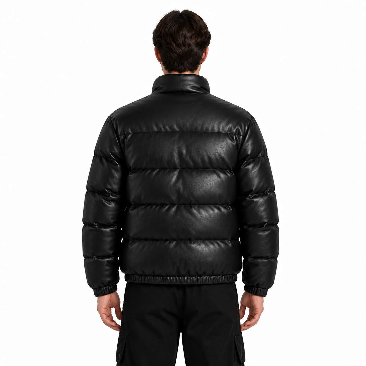 Men's Black Sheep Leather Bubble Puffer Jacket manufacturing detail 2