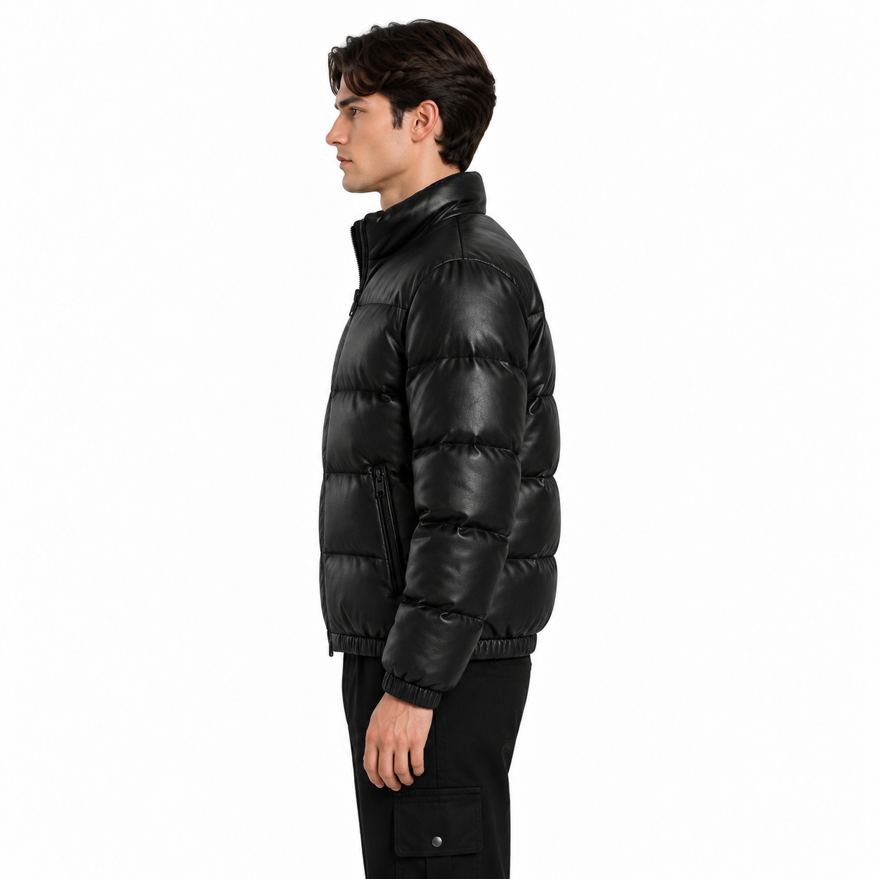 Men's Black Sheep Leather Bubble Puffer Jacket manufacturing detail 3
