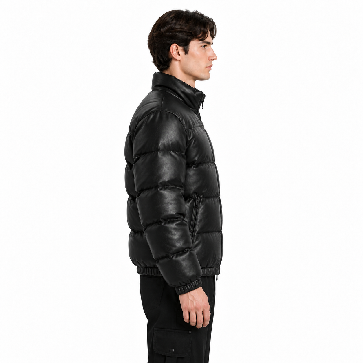 Men's Black Sheep Leather Bubble Puffer Jacket manufacturing detail 4