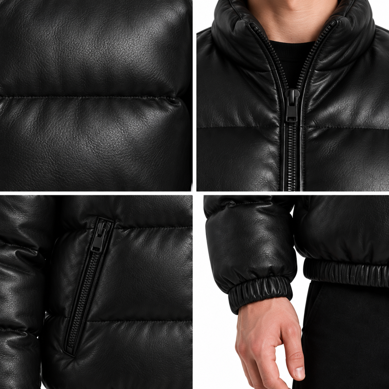 Men's Black Sheep Leather Bubble Puffer Jacket manufacturing detail 5