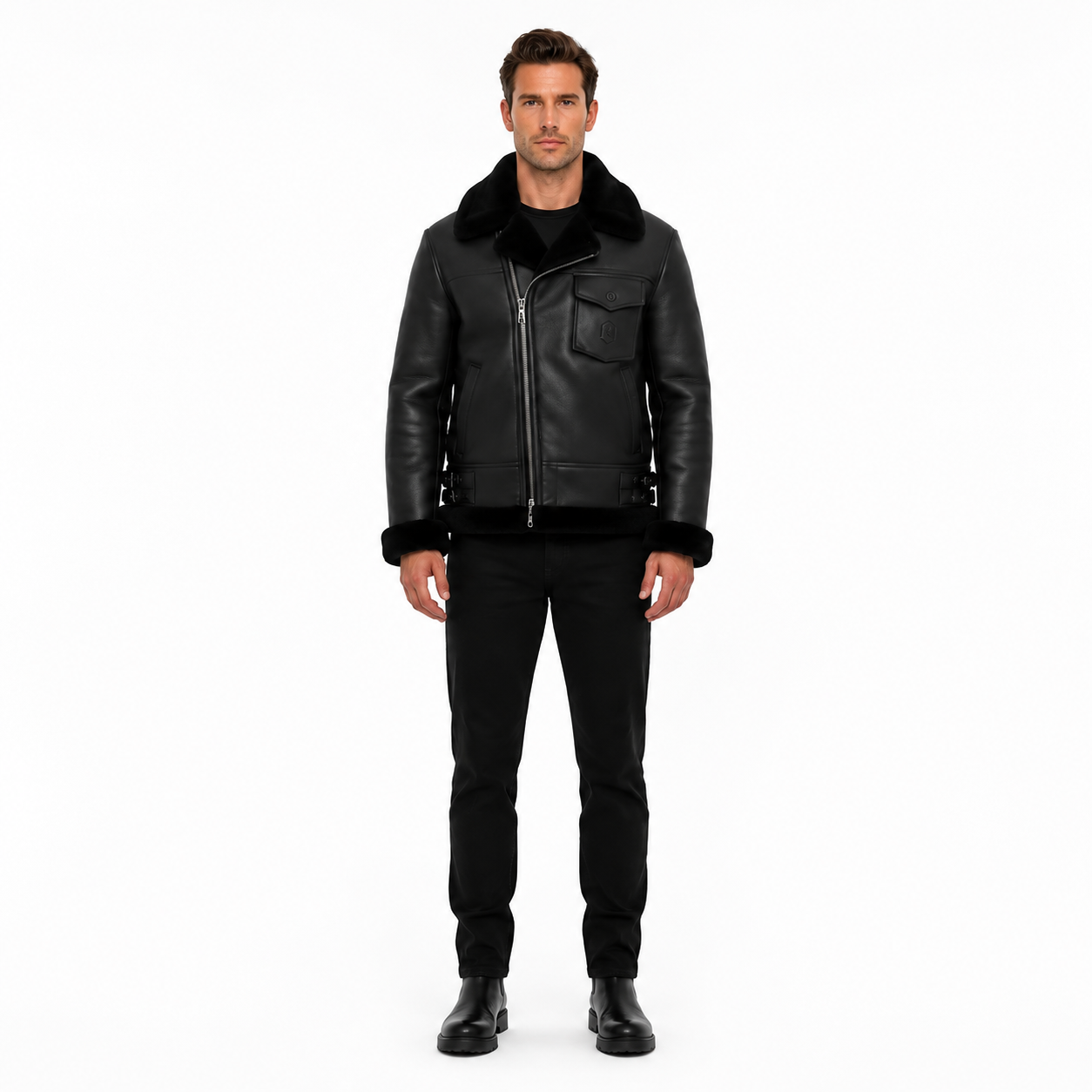 Men's Black Sheep Nappa Shearling Bomber Jacket - Custom Leather Manufacturer Sialkot Pakistan