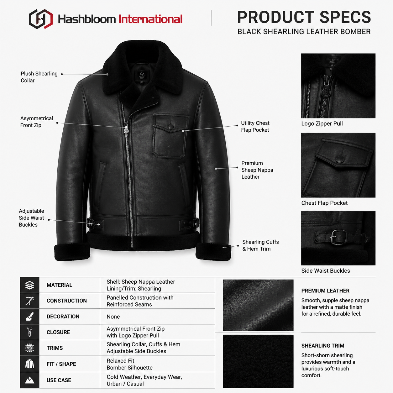 Men's Black Sheep Nappa Shearling Bomber Jacket manufacturing detail 5