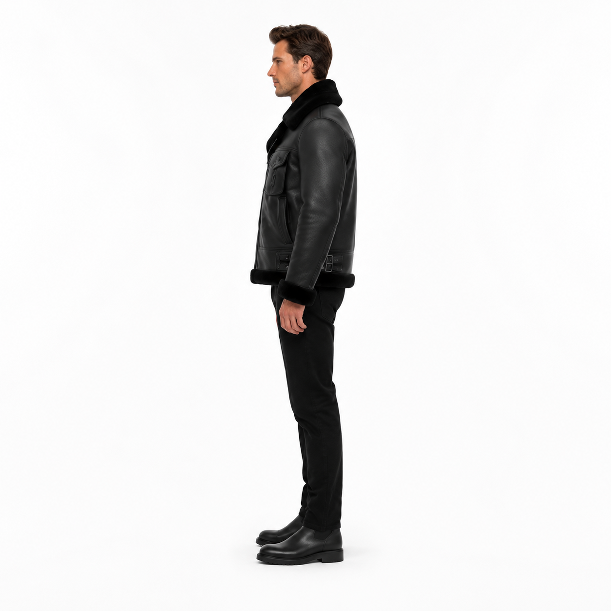 Men's Black Sheep Nappa Shearling Bomber Jacket manufacturing detail 3