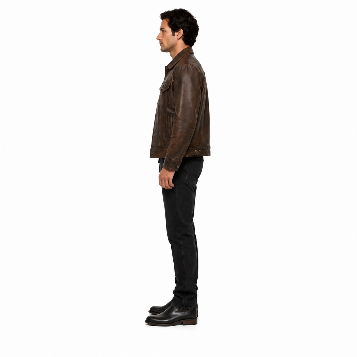 Men's Brown Full-Grain Sheep Leather Trucker Jacket manufacturing detail 3