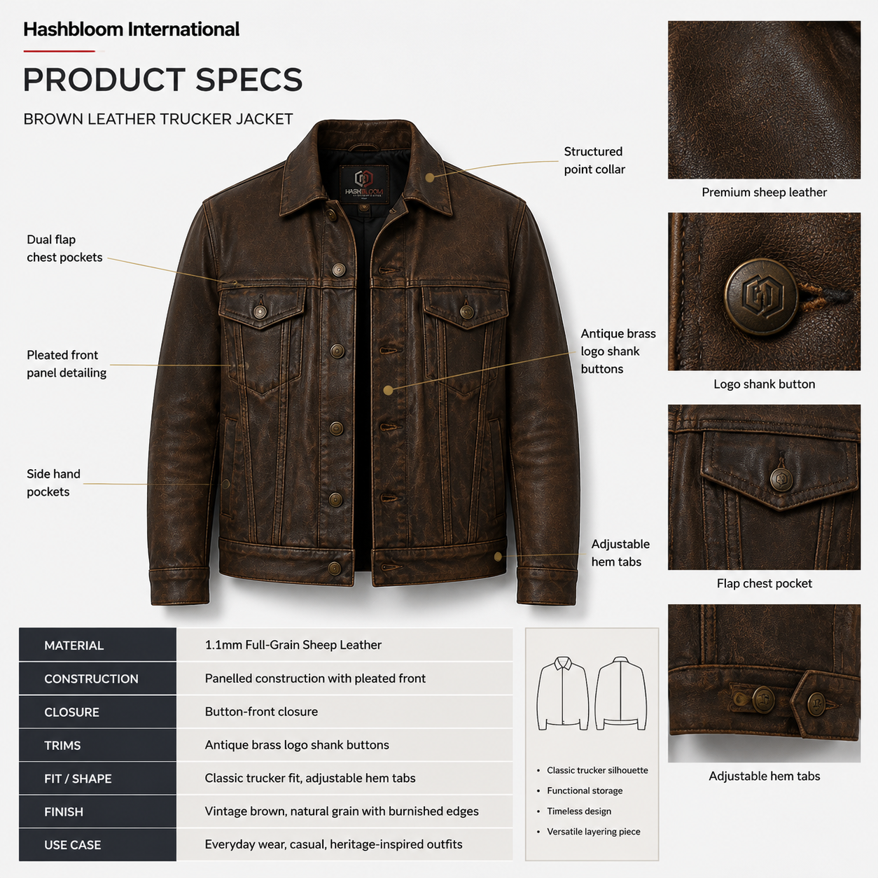 Men's Brown Full-Grain Sheep Leather Trucker Jacket manufacturing detail 5