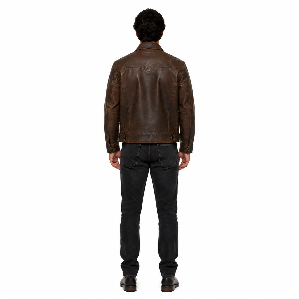 Men's Brown Full-Grain Sheep Leather Trucker Jacket manufacturing detail 2
