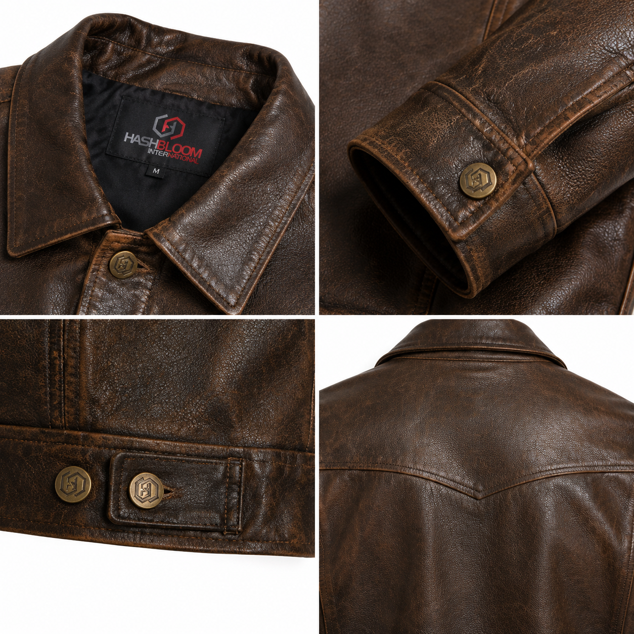 Men's Brown Full-Grain Sheep Leather Trucker Jacket manufacturing detail 4