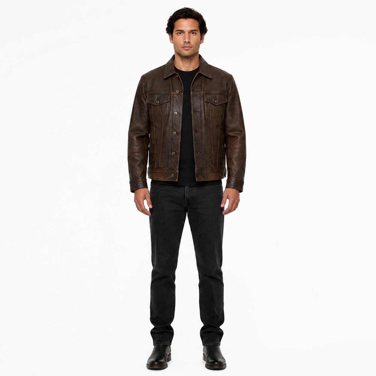 Men's Brown Full-Grain Sheep Leather Trucker Jacket - Custom Leather Manufacturer Sialkot Pakistan