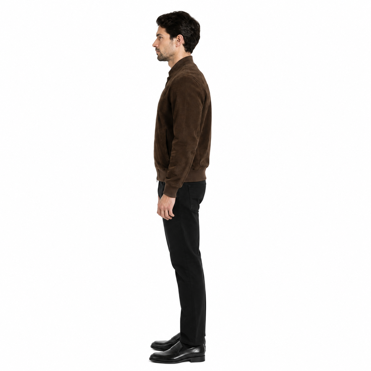 Men's Brown Goat Suede Leather Bomber Jacket manufacturing detail 2