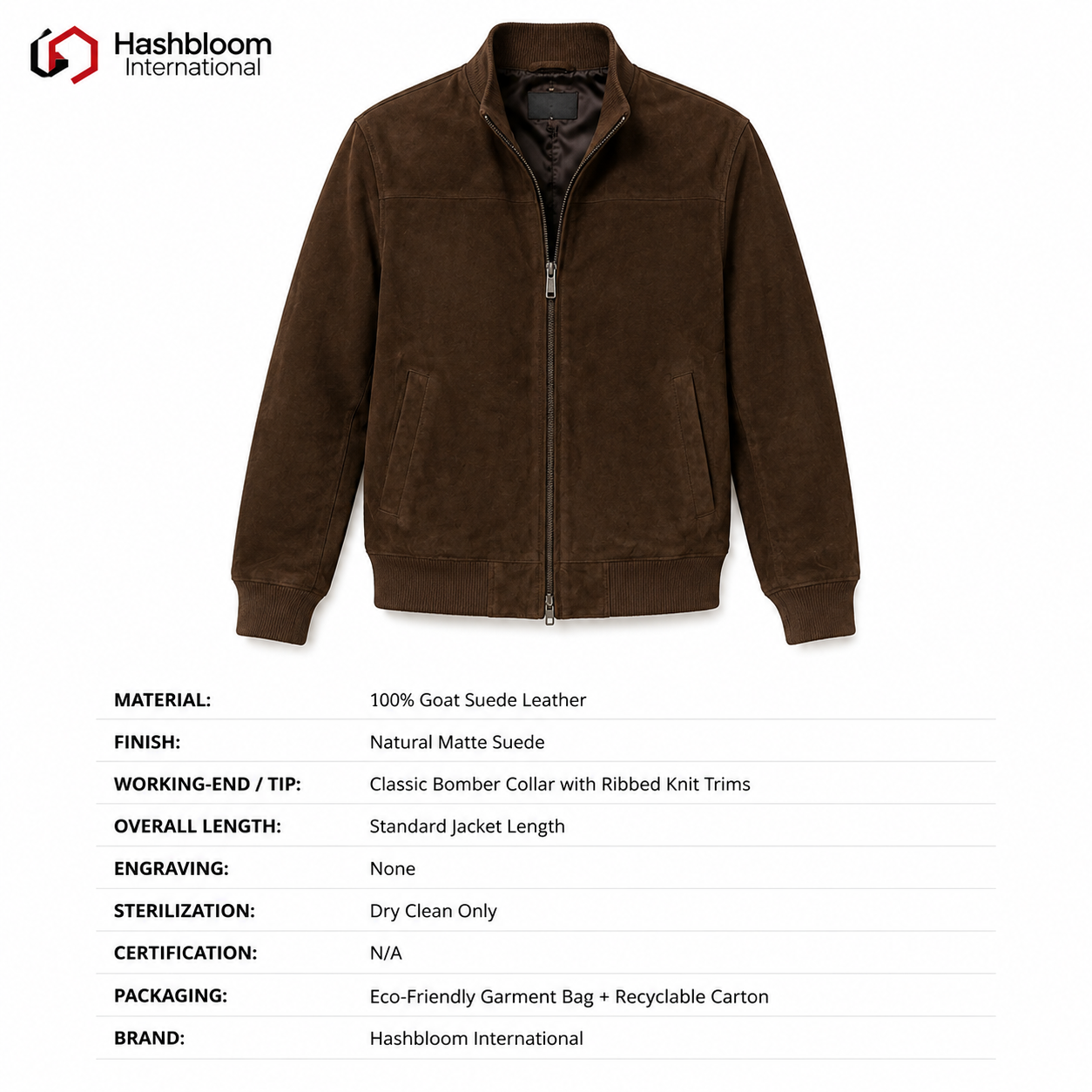 Men's Brown Goat Suede Leather Bomber Jacket manufacturing detail 6