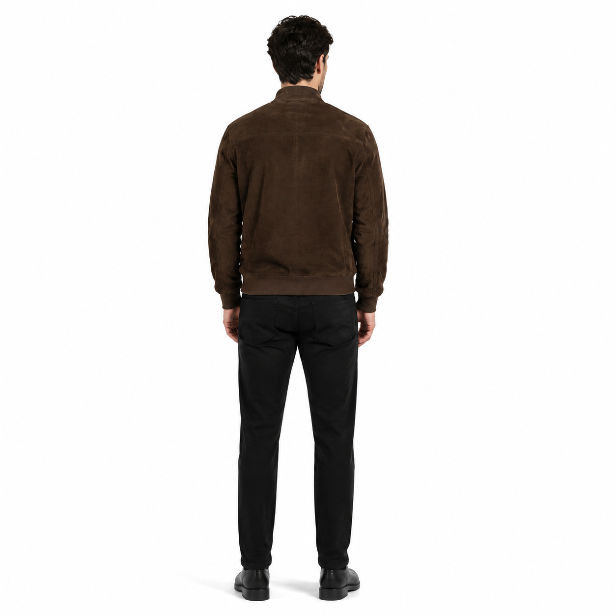 Men's Brown Goat Suede Leather Bomber Jacket manufacturing detail 3