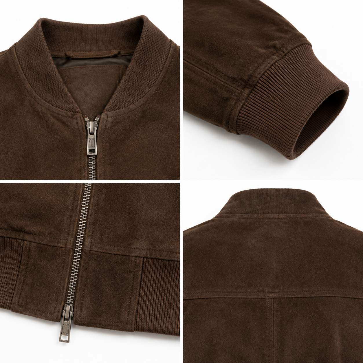 Men's Brown Goat Suede Leather Bomber Jacket manufacturing detail 4