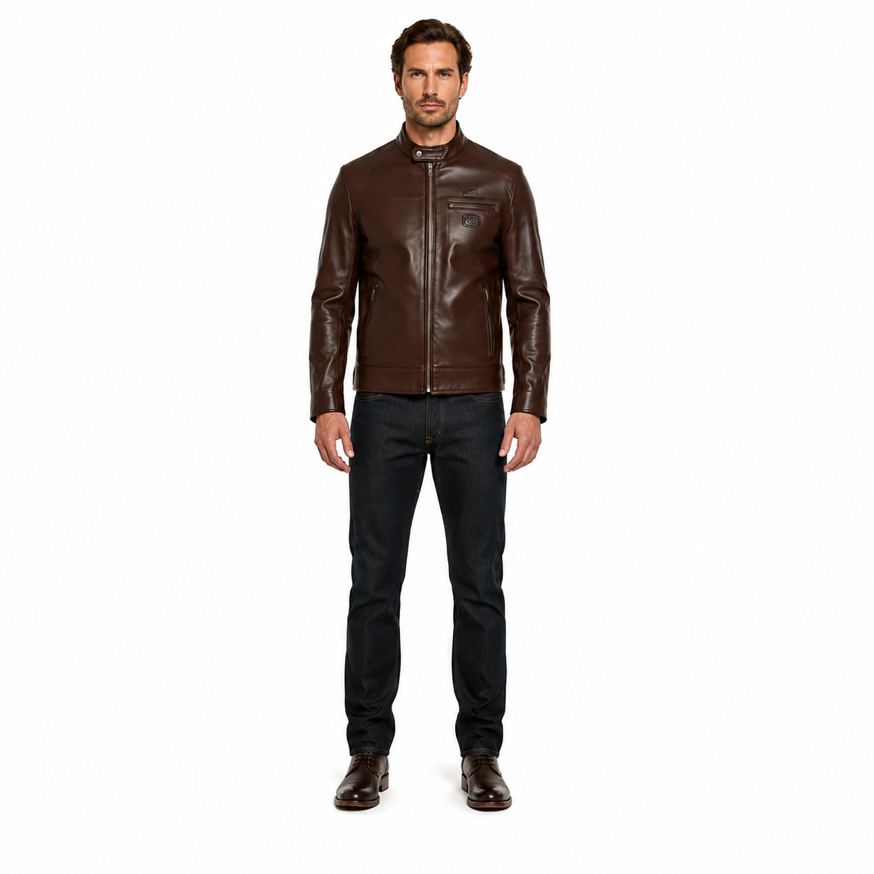 Men's Brown Goatskin Leather Cafe Racer Jacket - Custom Leather Manufacturer Sialkot Pakistan
