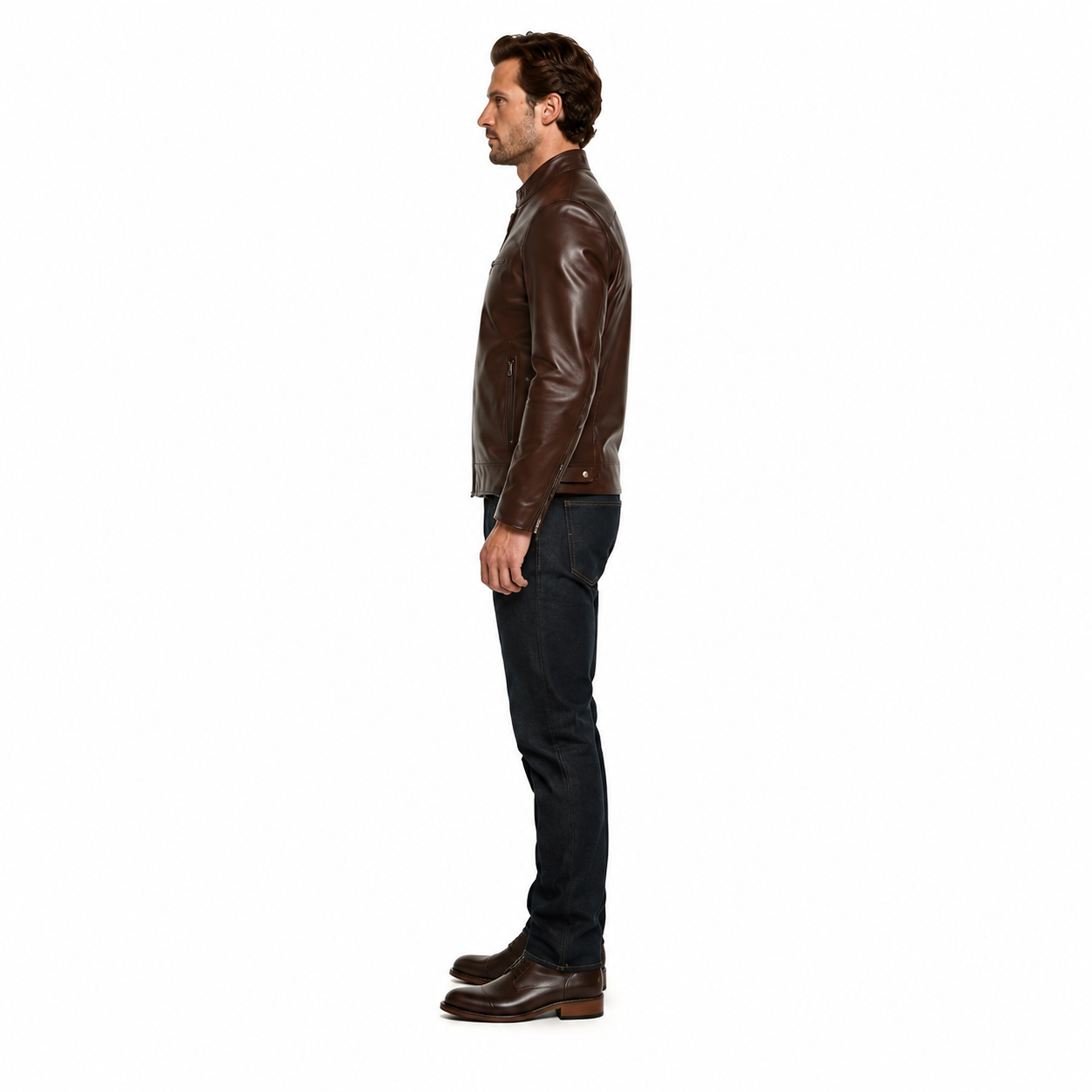Men's Brown Goatskin Leather Cafe Racer Jacket manufacturing detail 2