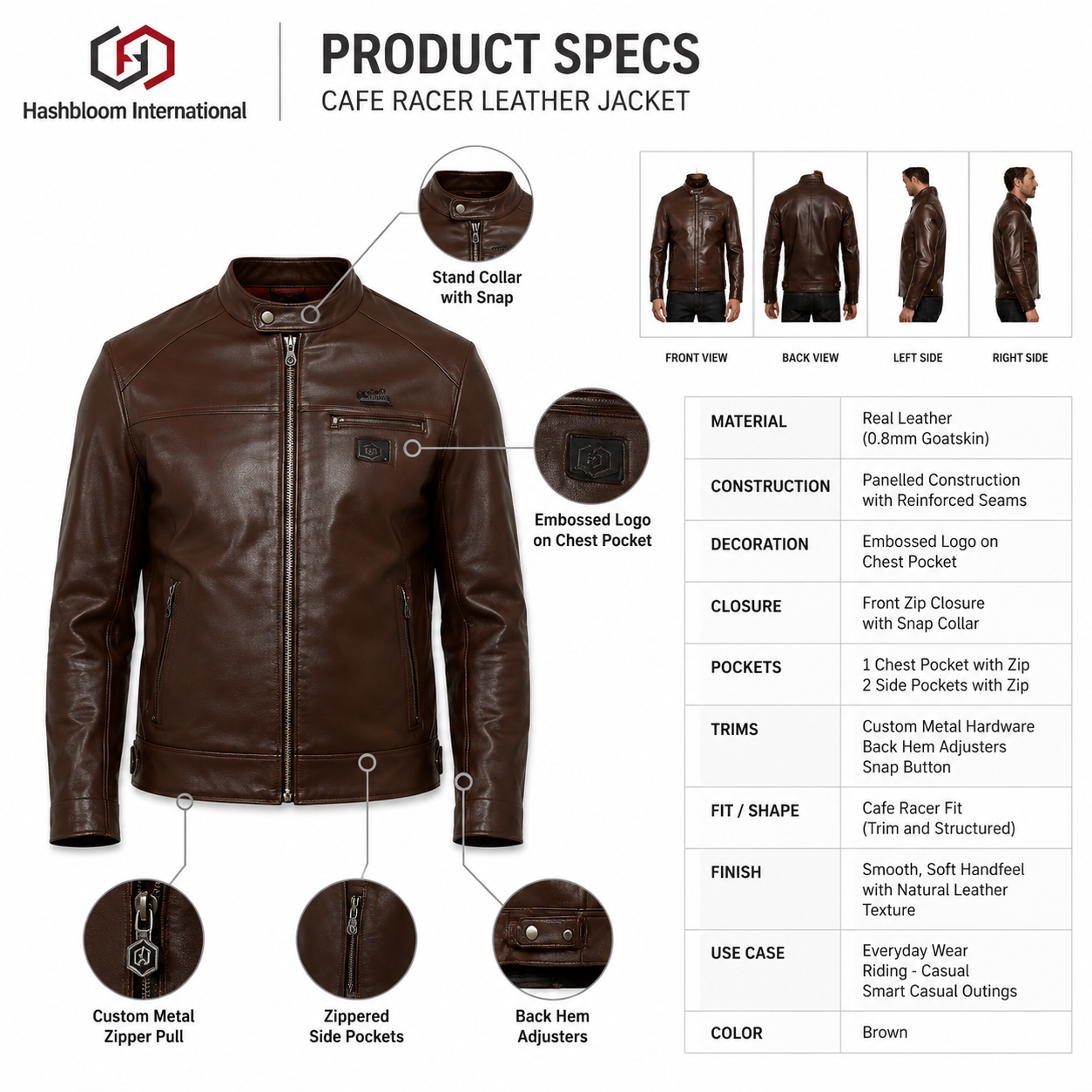 Men's Brown Goatskin Leather Cafe Racer Jacket manufacturing detail 5
