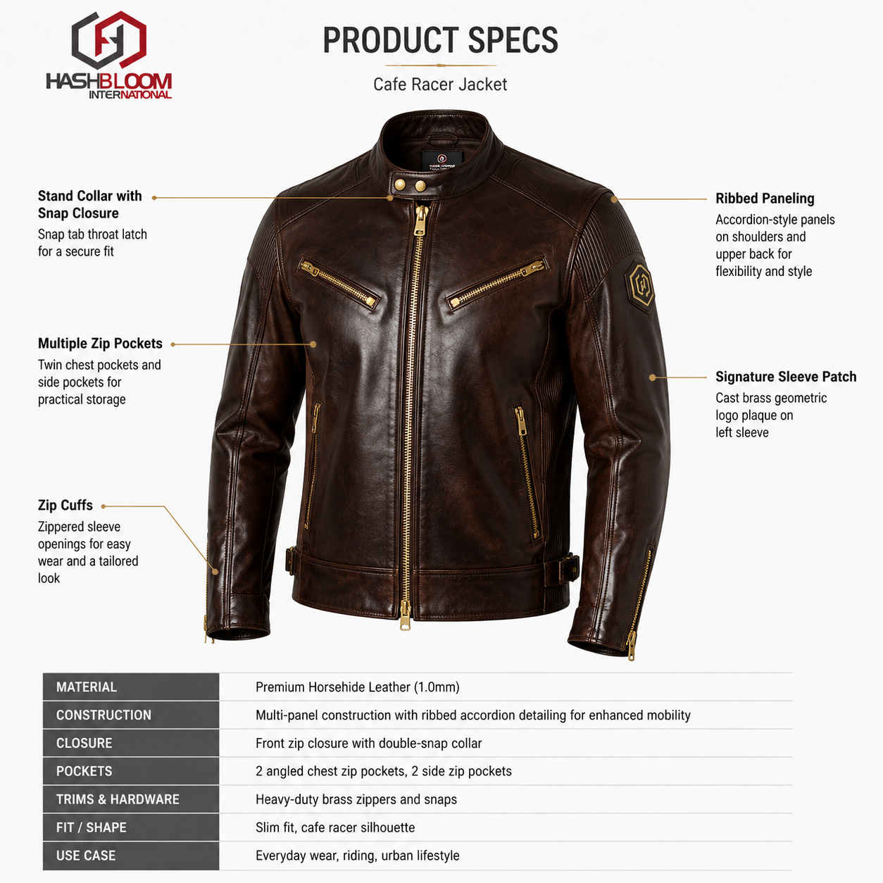 Men's Brown Horsehide Heritage Cafe Racer Jacket manufacturing detail 5