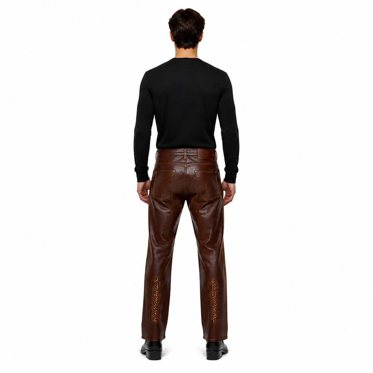 Men's Brown Perforated Lambskin Leather Pants manufacturing detail 2