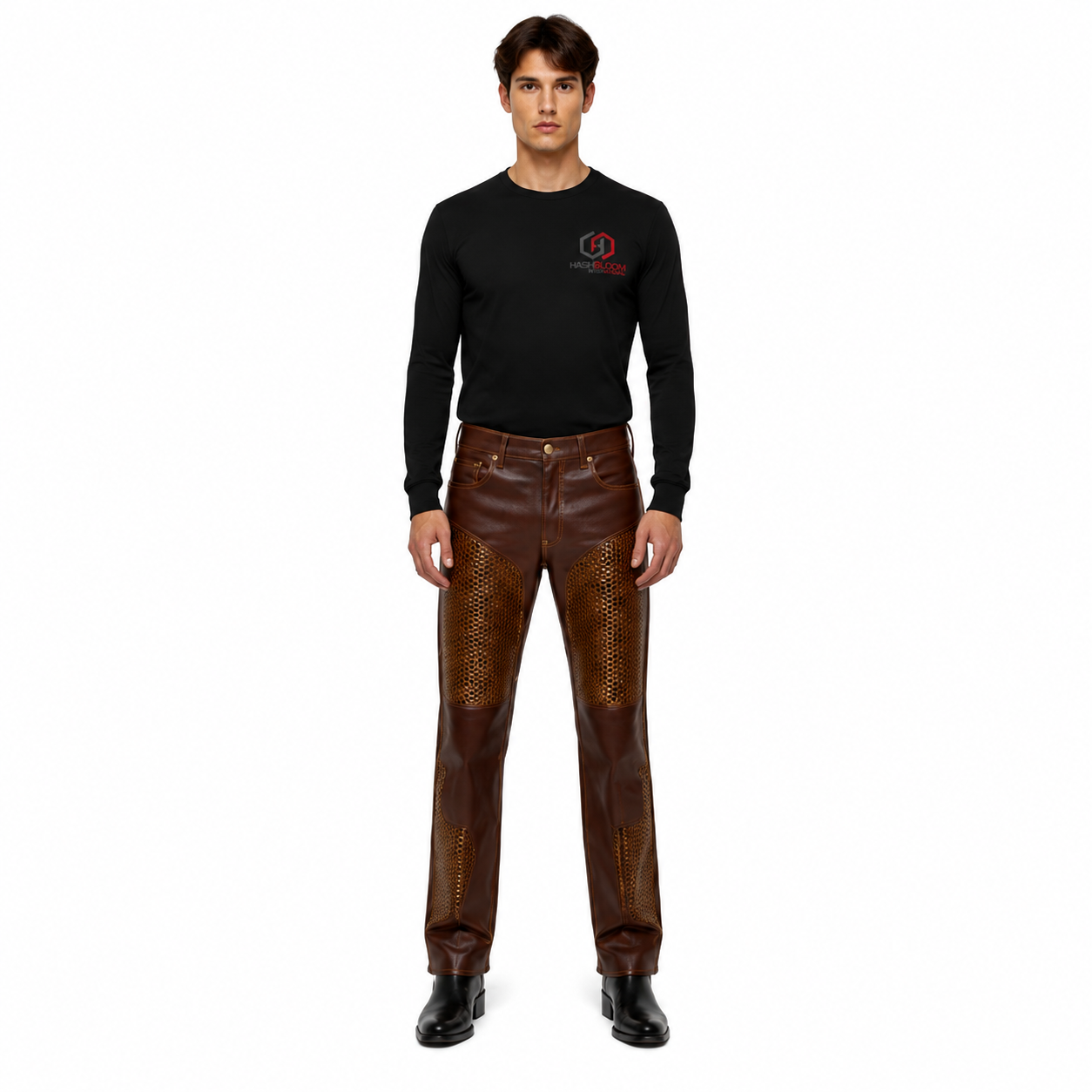 Men's Brown Perforated Lambskin Leather Pants - Custom Leather Manufacturer Sialkot Pakistan