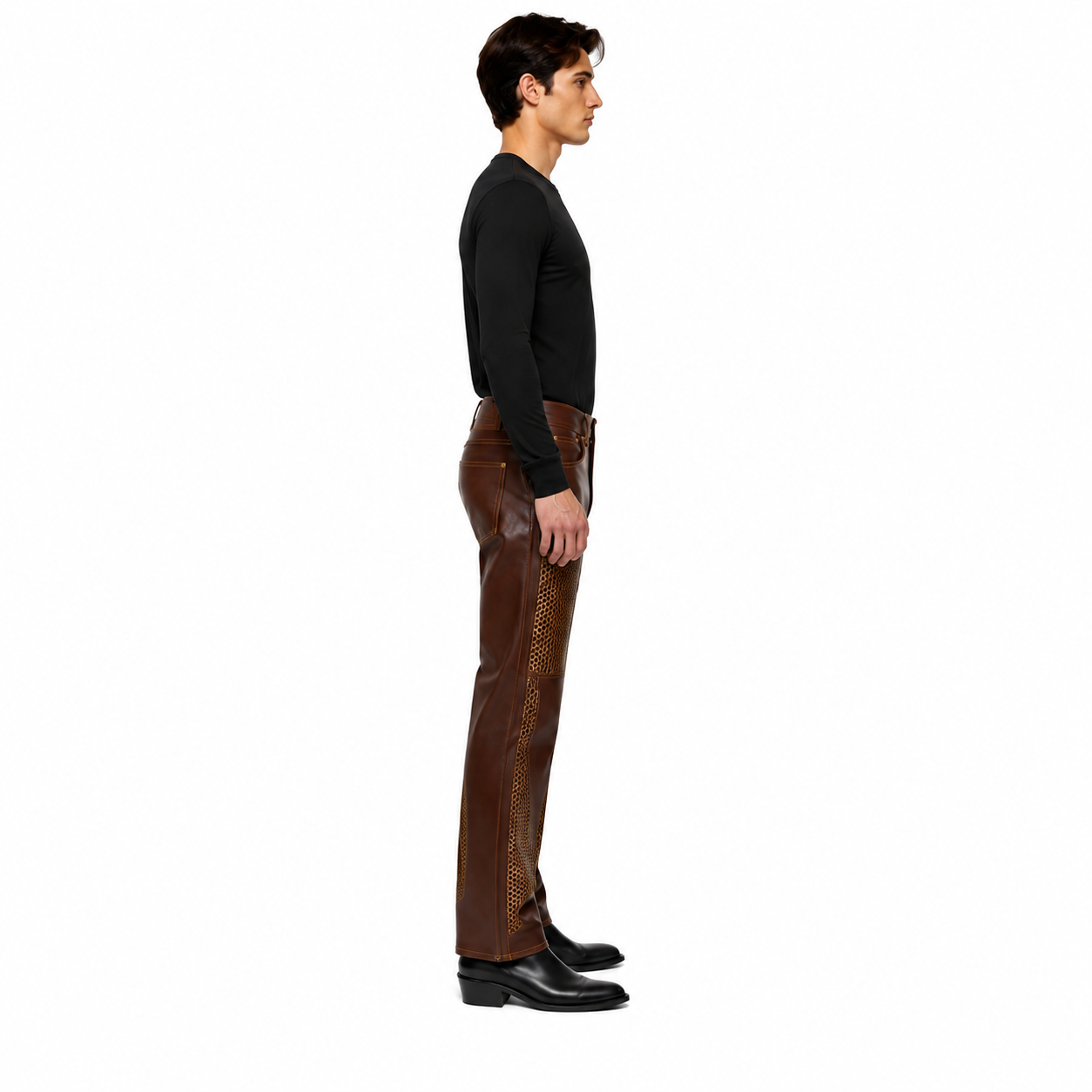 Men's Brown Perforated Lambskin Leather Pants manufacturing detail 3