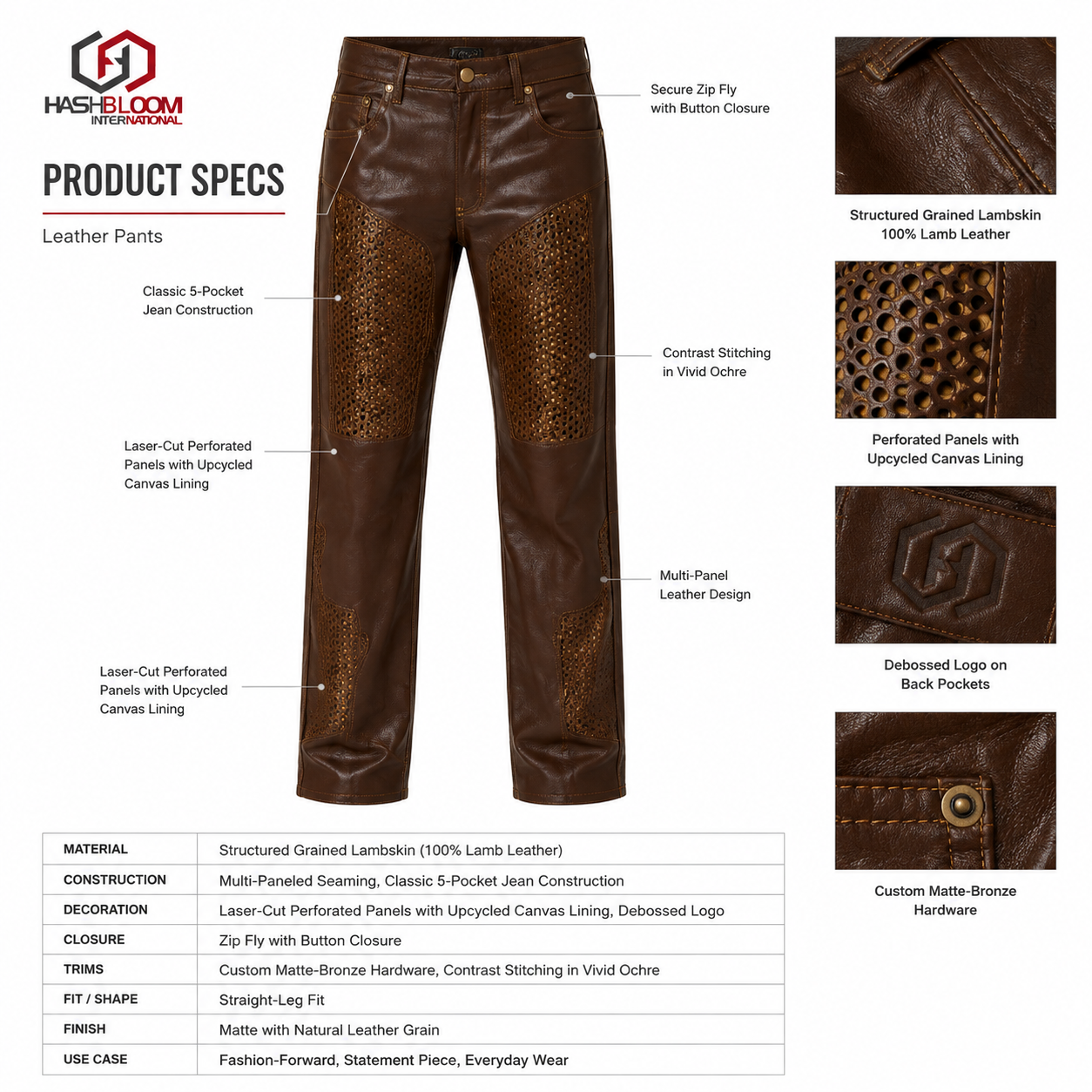 Men's Brown Perforated Lambskin Leather Pants manufacturing detail 5