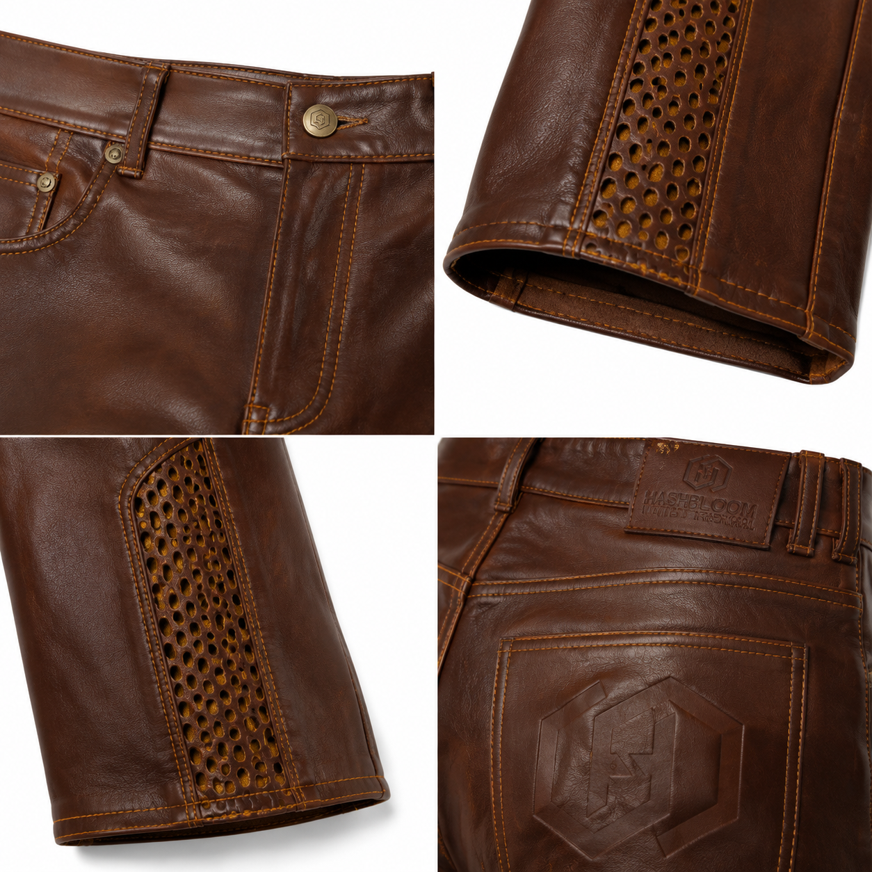 Men's Brown Perforated Lambskin Leather Pants manufacturing detail 4