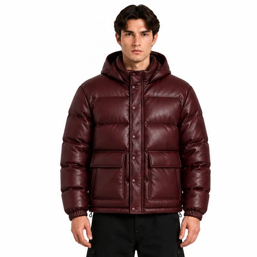 Men's Burgundy Hooded Cargo Sheep Leather Puffer Jacket - Custom Leather Manufacturer Sialkot Pakistan