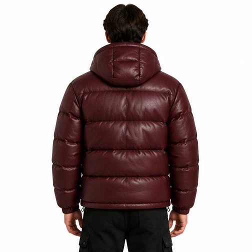 Men's Burgundy Hooded Cargo Sheep Leather Puffer Jacket manufacturing detail 2
