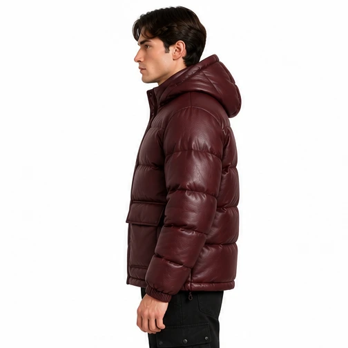 Men's Burgundy Hooded Cargo Sheep Leather Puffer Jacket manufacturing detail 3