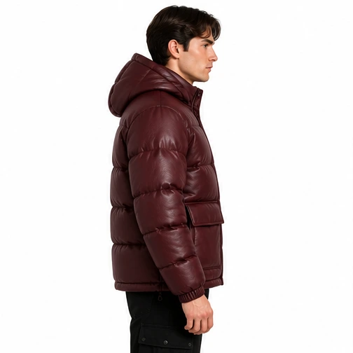 Men's Burgundy Hooded Cargo Sheep Leather Puffer Jacket manufacturing detail 4