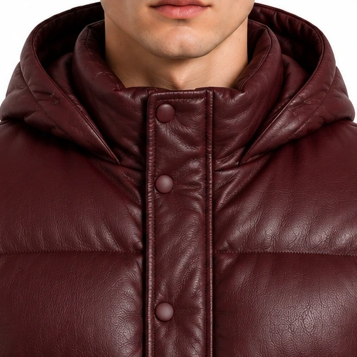 Men's Burgundy Hooded Cargo Sheep Leather Puffer Jacket manufacturing detail 5