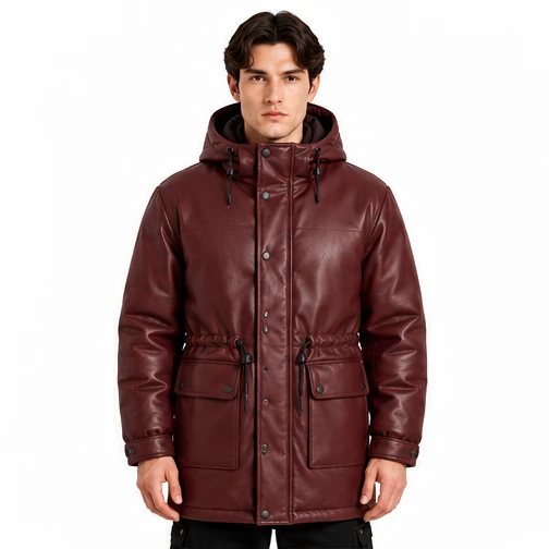 Men's Burgundy Hooded Leather Winter Parka - Custom Leather Manufacturer Sialkot Pakistan