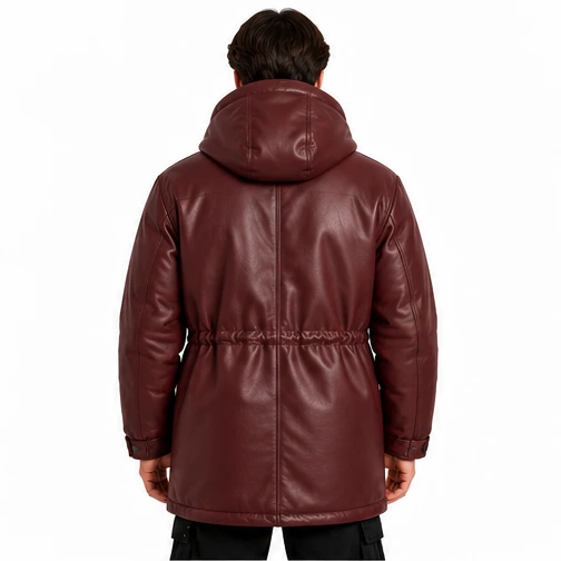Men's Burgundy Hooded Leather Winter Parka manufacturing detail 2