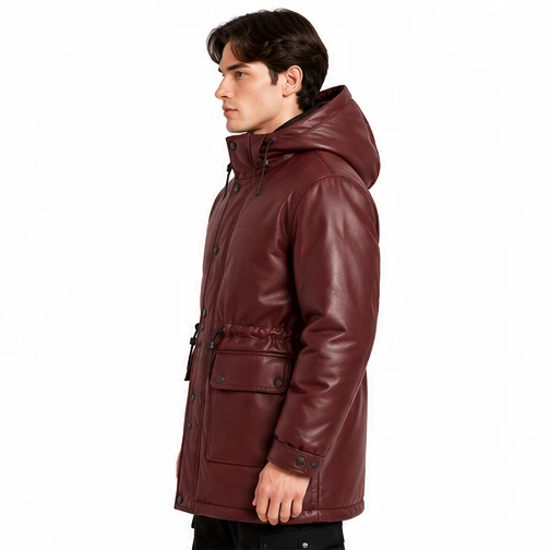 Men's Burgundy Hooded Leather Winter Parka manufacturing detail 3