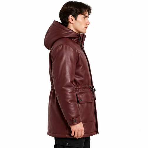 Men's Burgundy Hooded Leather Winter Parka manufacturing detail 4
