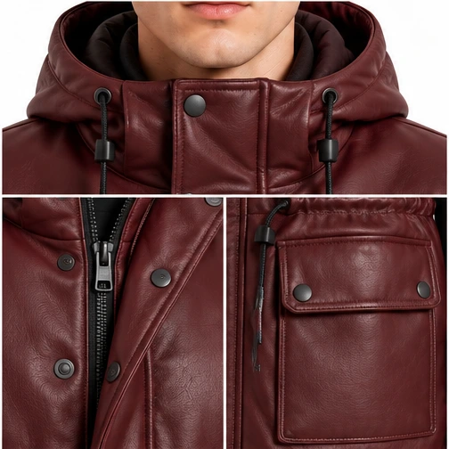 Men's Burgundy Hooded Leather Winter Parka manufacturing detail 5