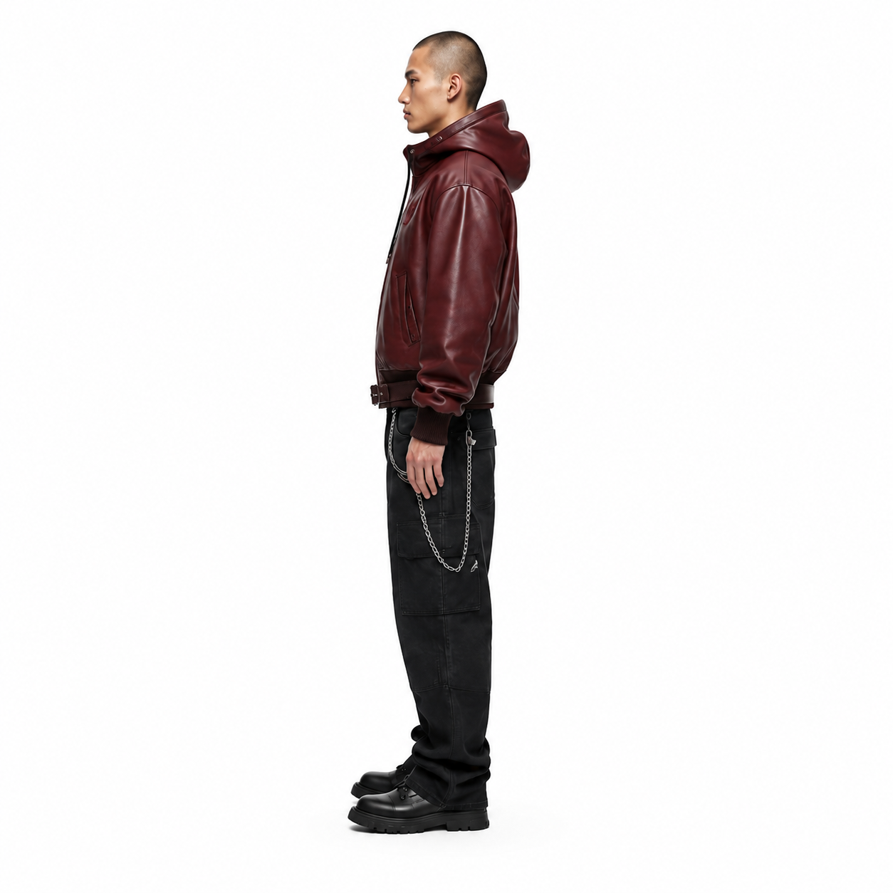 Men's Burgundy Shinki Horsehide Hooded Bomber Jacket manufacturing detail 3