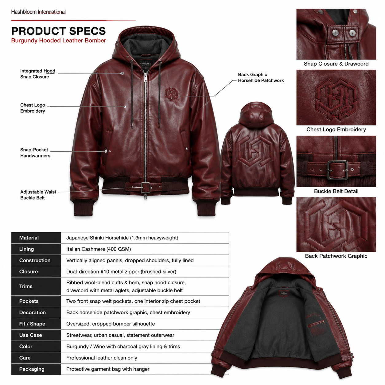 Men's Burgundy Shinki Horsehide Hooded Bomber Jacket manufacturing detail 5
